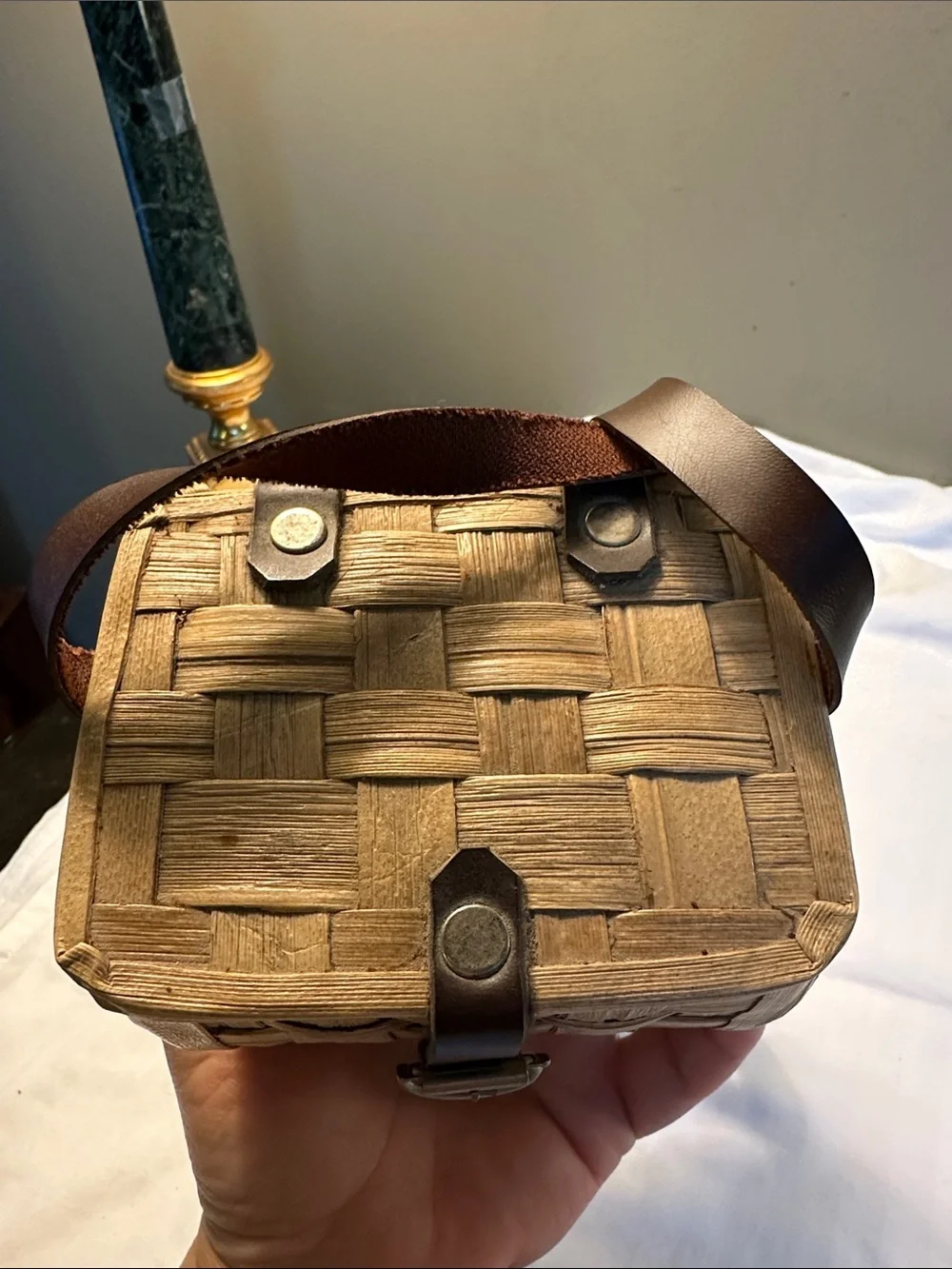 Woven Straw Crossbody Bag with Brown Leather Strap